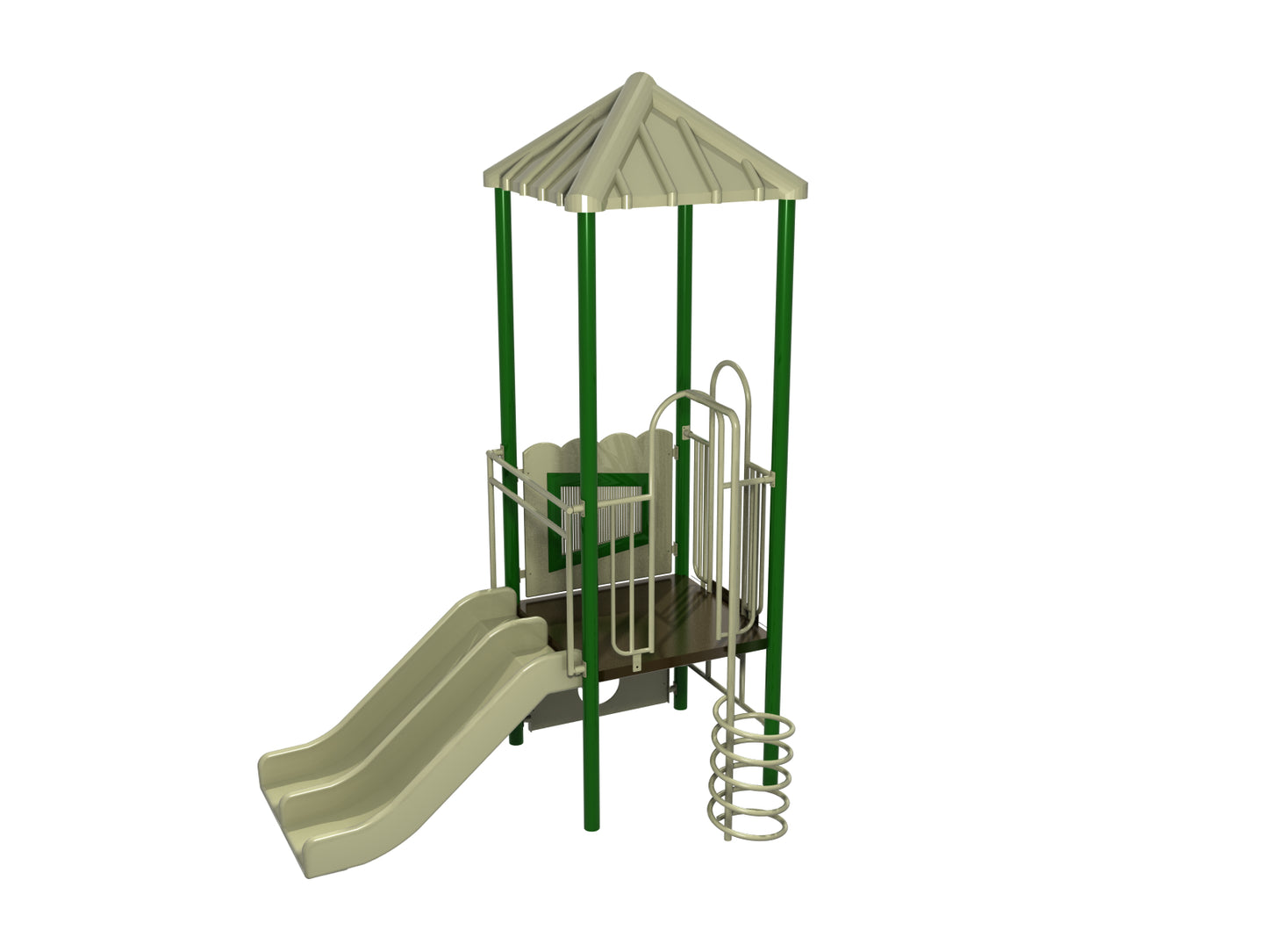 Playground tower with roof, slide, platform, and spiral climber on a white background