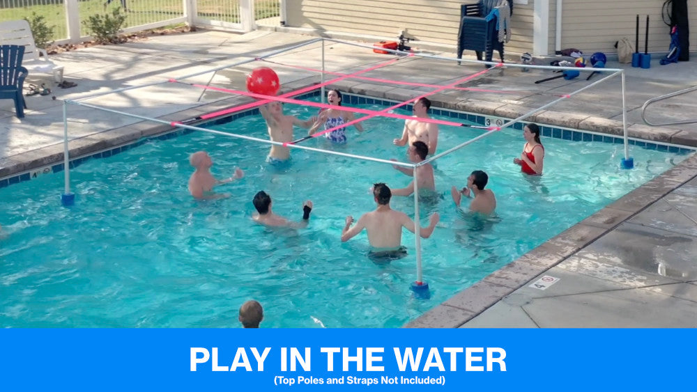 People playing 9 square in the water with texts that says "play in the water".  Top poles and straps not included