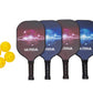 four graphite pickleball paddles and wiffle balls